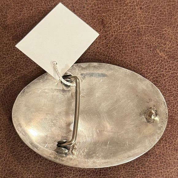 Silver Oval Belt Buckle with Coral and Turquoise Stones - Picture 3 of 6